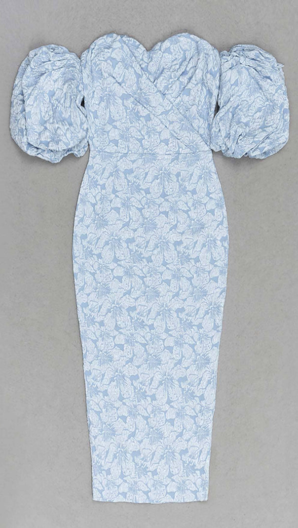 AIIZIE FLORAL-PRINT PUFF SLEEVE MIDI DRESS IN CLEAR SKY - product image
