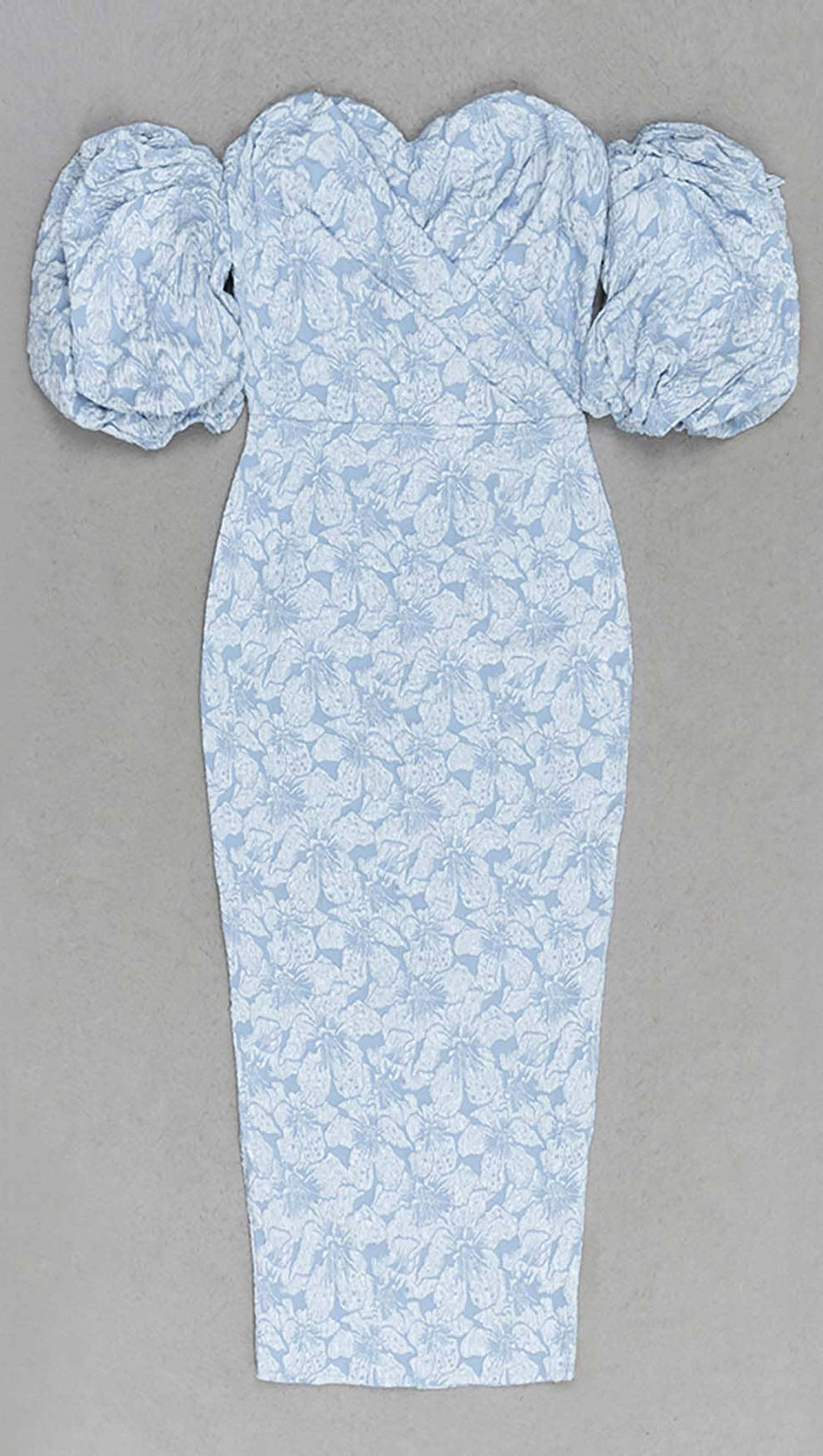 ABITO MIDI CON MANICHE A SBUFFO E STAMPA FLOREALE COLOR CIELO CHIARO