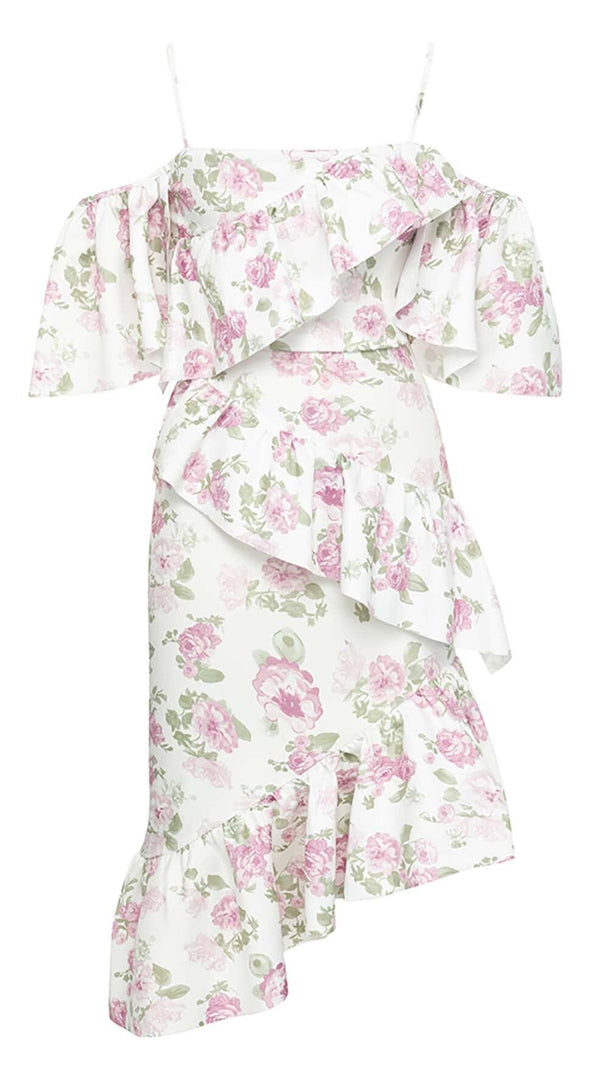 AIIZIE FLORAL-PRINT RUFFLE BANDEAU MIDI DRESS IN WHITE - product image
