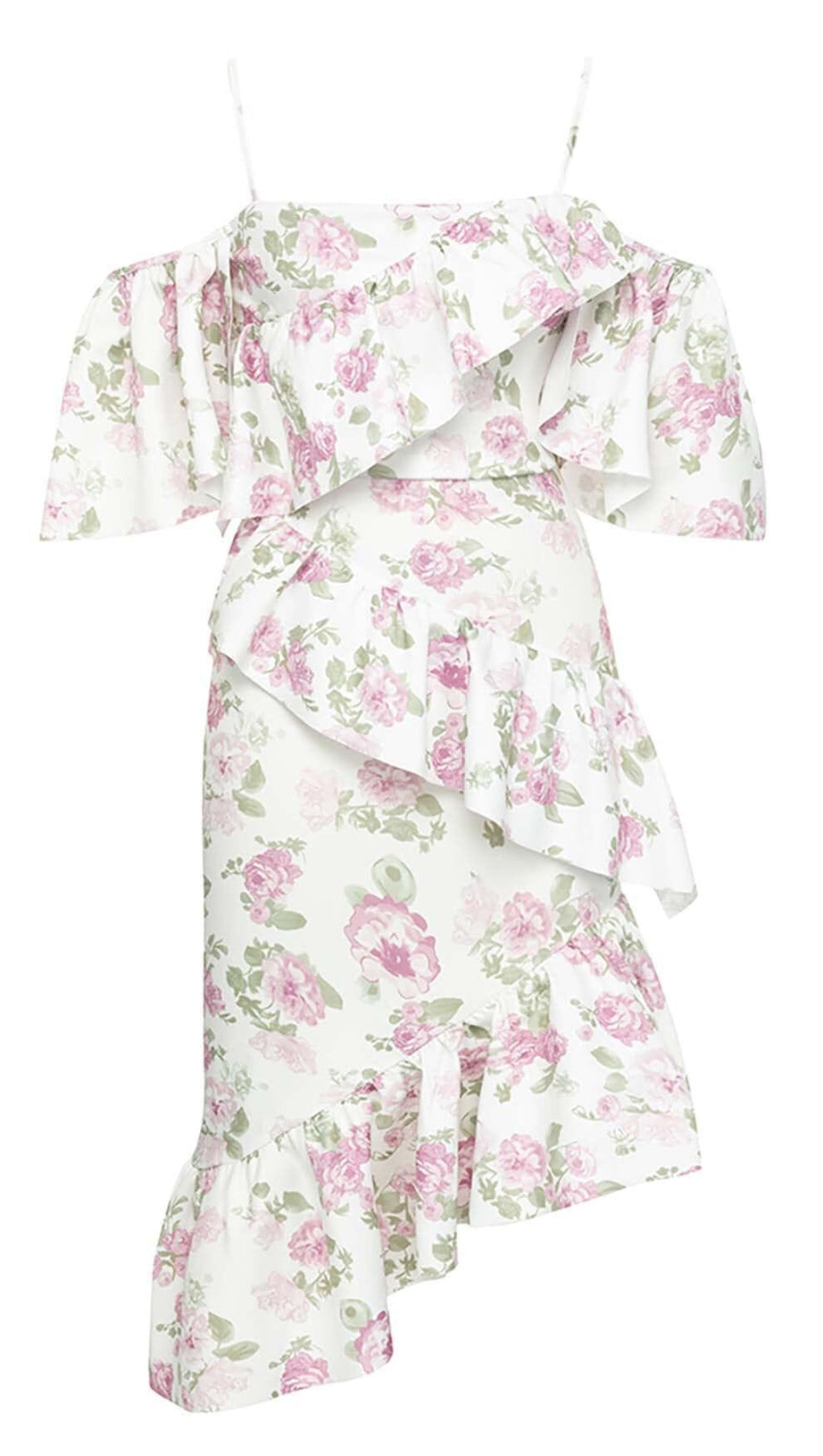 FLORAL-PRINT RUFFLE BANDEAU MIDI DRESS IN WHITE