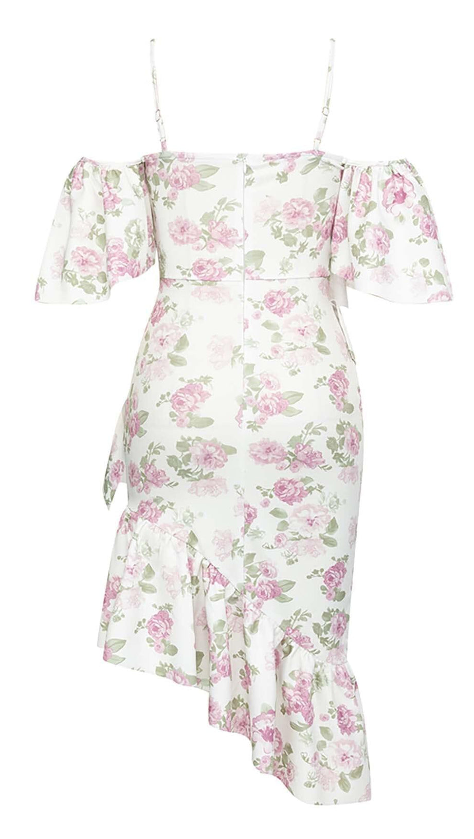 ABITO MIDI A FASCIA CON VOLANT E STAMPA FLOREALE IN BIANCO