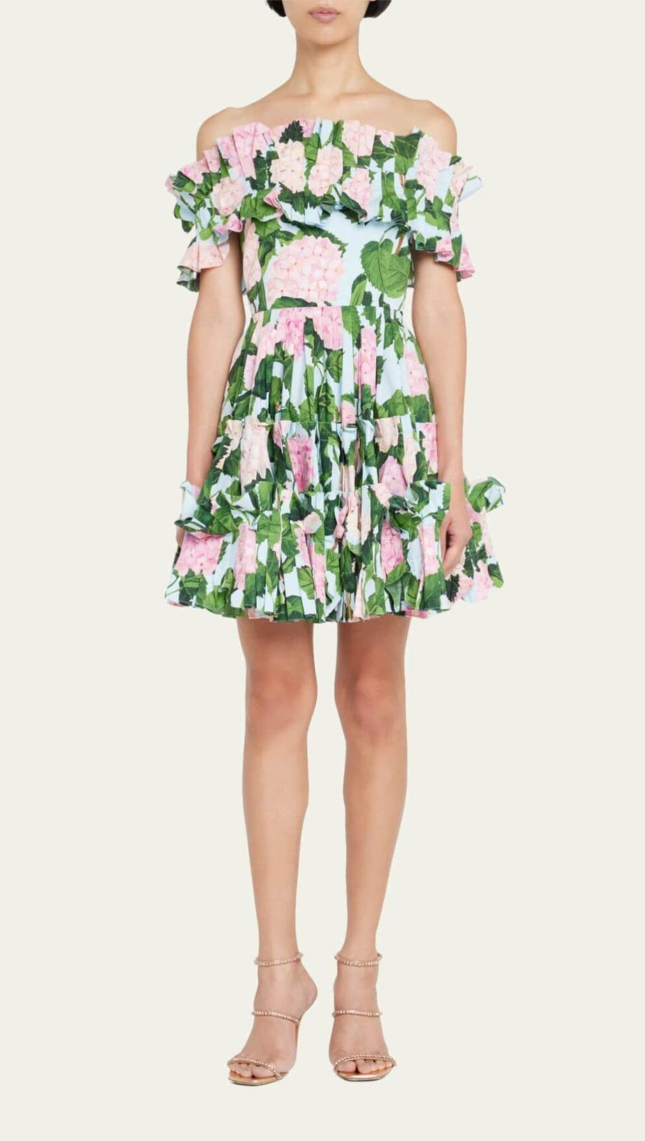 FLORAL-PRINT RUFFLE MINI DRESS IN OLIVE