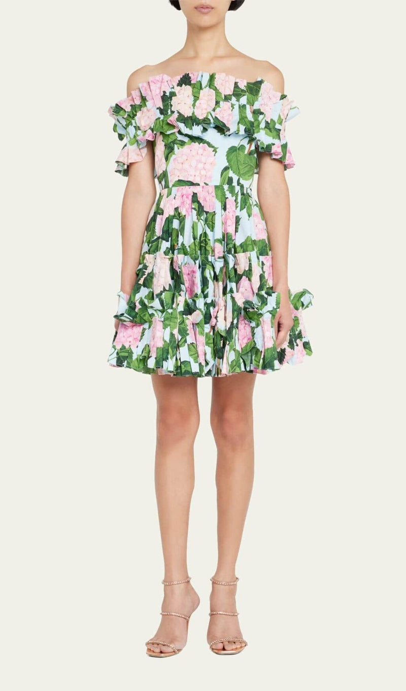 FLORAL-PRINT RUFFLE MINI DRESS IN OLIVE