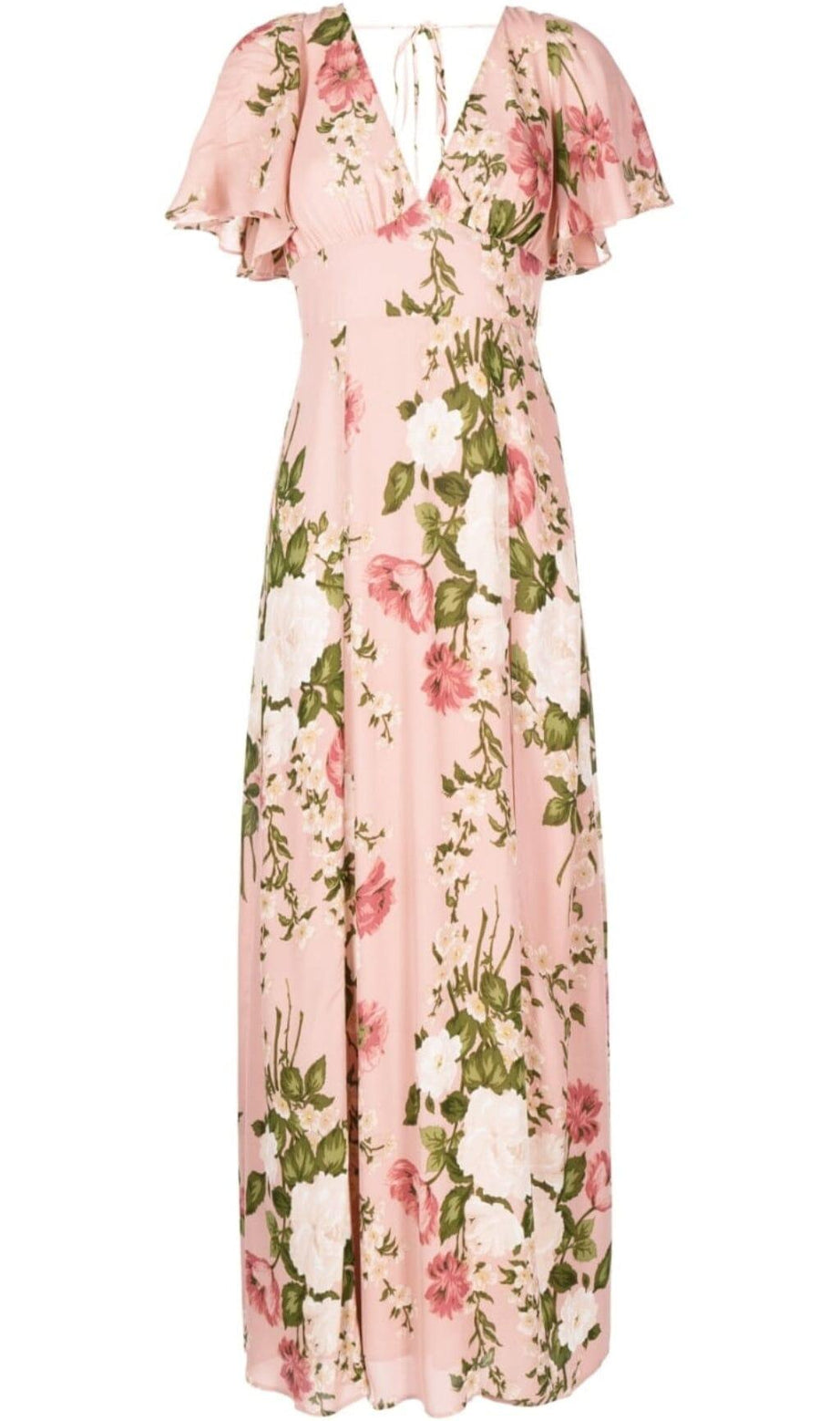 ABITO LUNGO ROSA CON SCOLLO A V E STAMPA FLOREALE