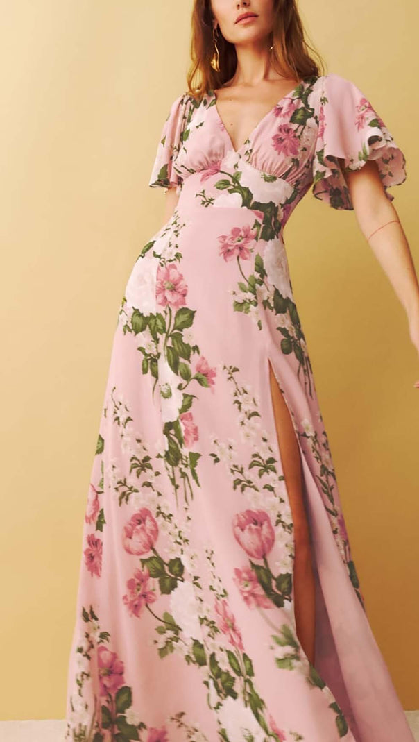 AIIZIE FLORAL-PRINT V NECK MAXI DRESS IN PINK - product image