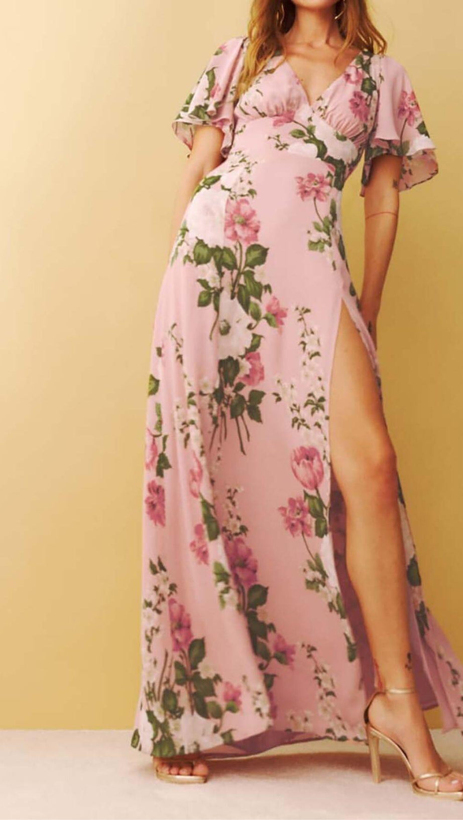 ABITO LUNGO ROSA CON SCOLLO A V E STAMPA FLOREALE