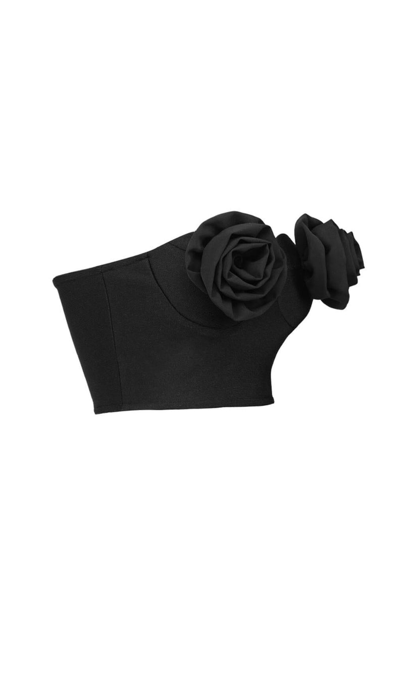 FLOWER APPLIQUE BUSTIER-STYLE TOP IN BLACK