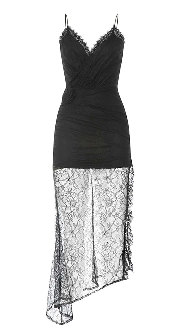 AIIZIE FLOWER APPLIQUE LACE MIDI DRESS IN BLACK - product image