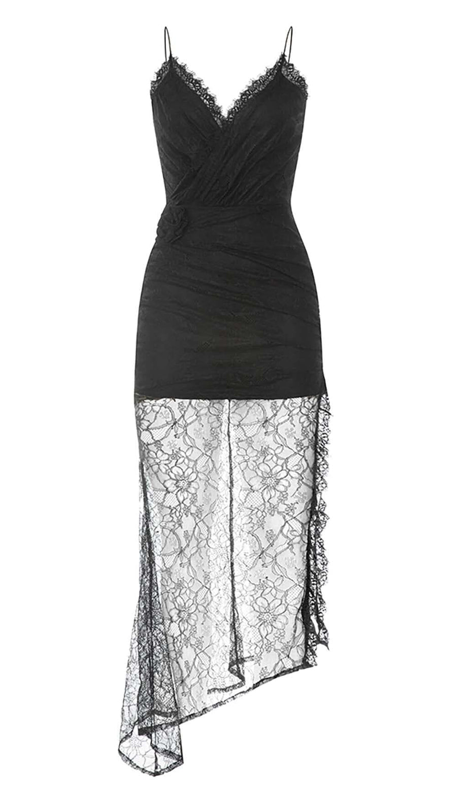 MIDIKLEID AUS SPITZE MIT BLUMENAPPLIKATIONEN IN SCHWARZ