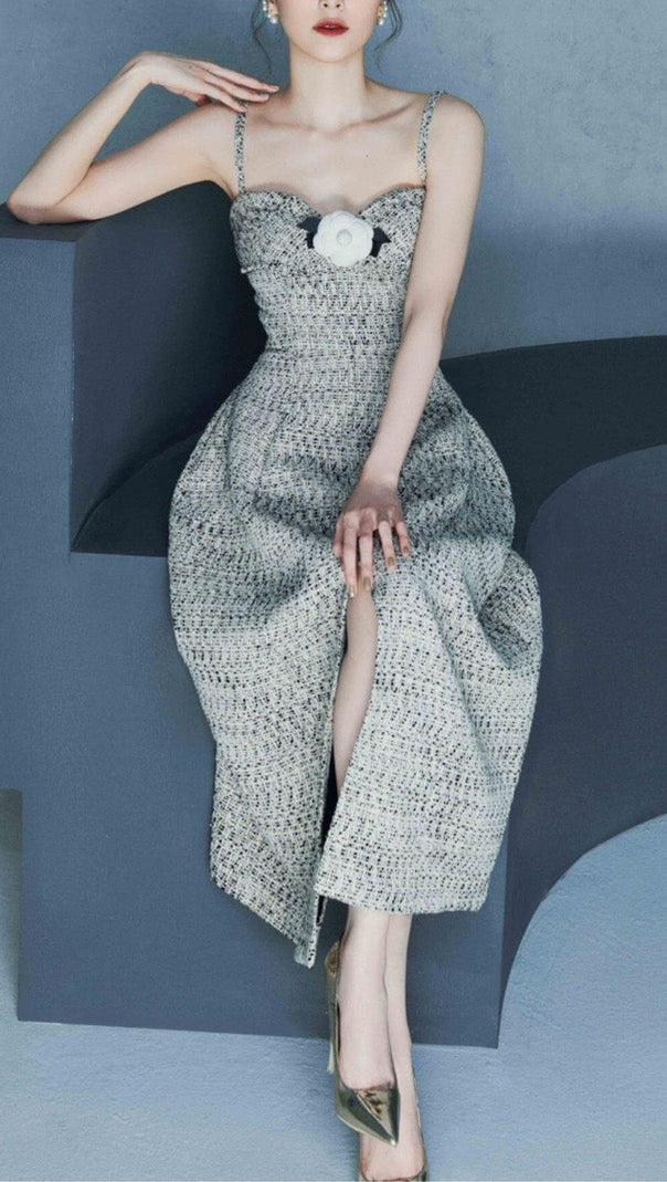 AIIZIE FLOWER EMBELLISHED MIDI DRESS IN GRAY - product image
