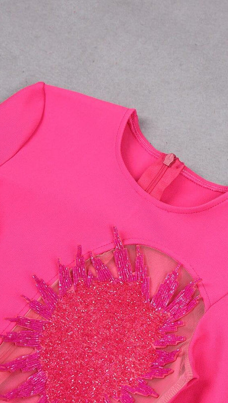 FLOWER LONG SLEEVE MINI BANDAGE DRESS IN RED