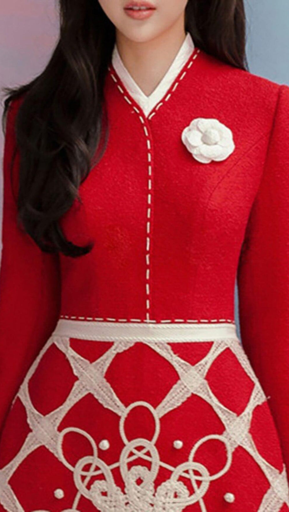 STAND COLLAR LONG SLEEVE HIGH WAIST PATCHWORK EMBROIDERY MINI DRESS
