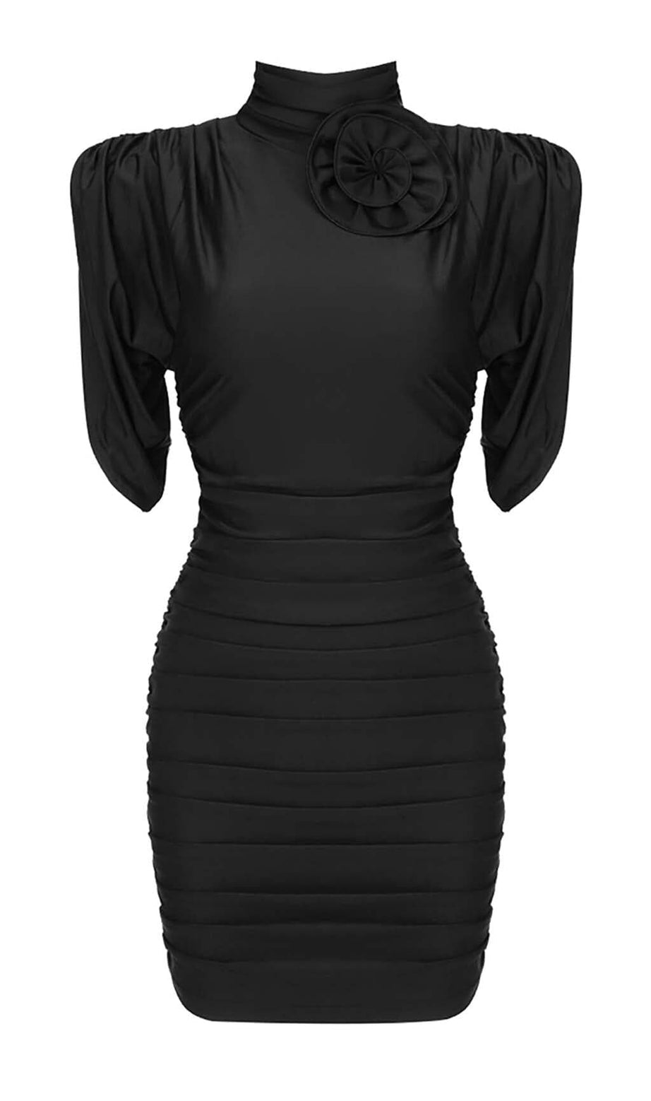 MINIKLEID MIT BLUMENVERZIERUNG UND RÜSCHEN IN SCHWARZ