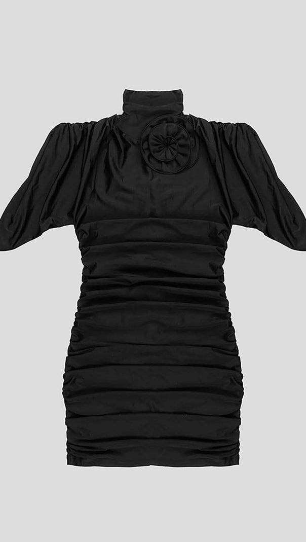 AIIZIE FLOWER-EMBELLISHED RUCHED MINI DRESS IN BLACK - product image