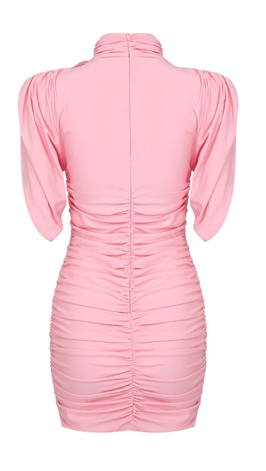 FLOWER-EMBELLISHED RUCHED MINI DRESS IN PINK
