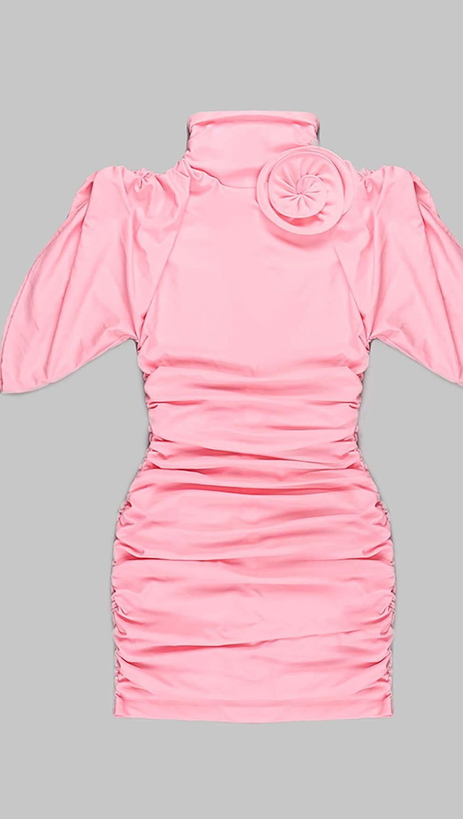 FLOWER-EMBELLISHED RUCHED MINI DRESS IN PINK