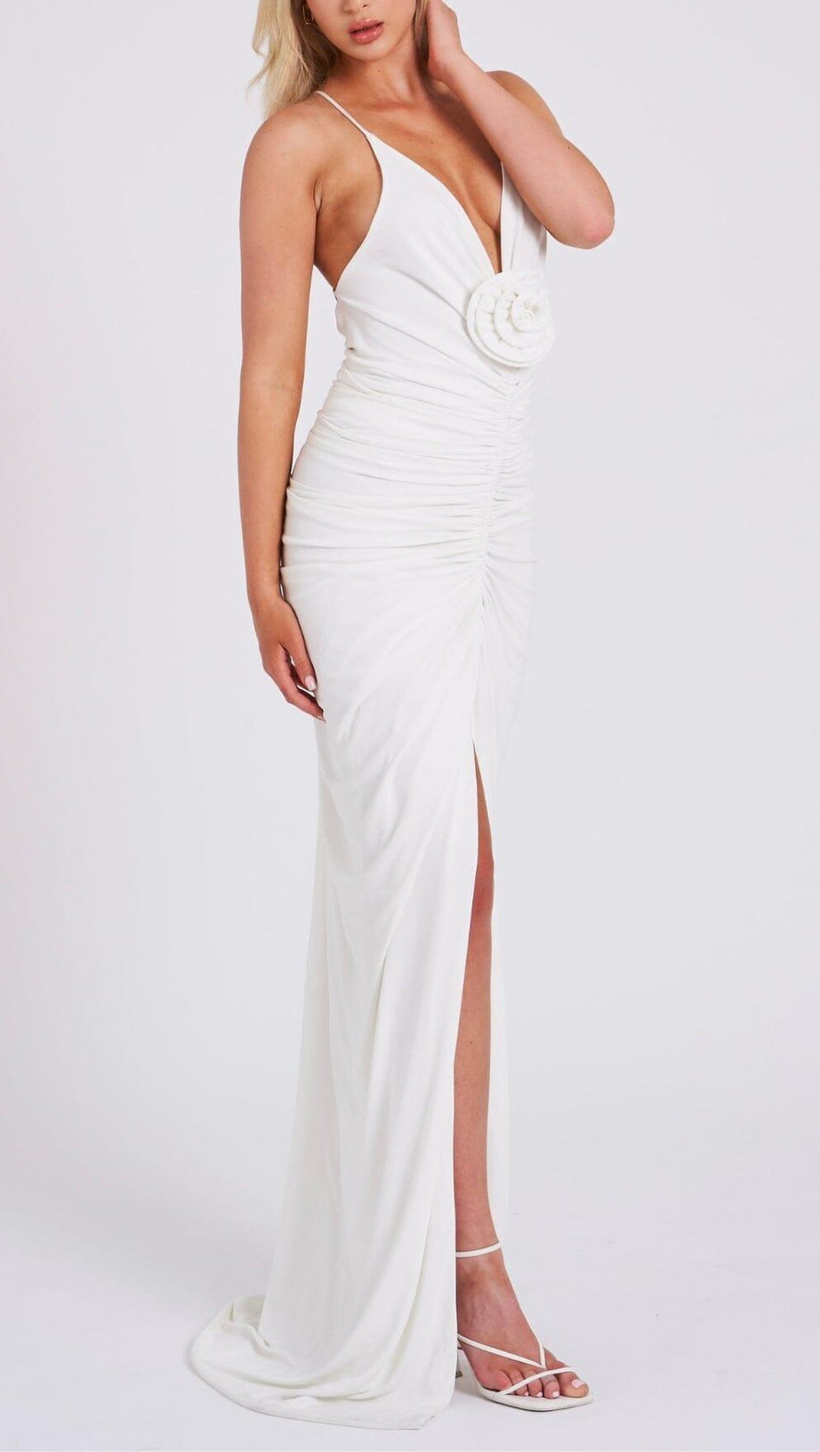 FLOWER-EMBELLISHED  PLUNGE MAXI DRESS IN WHITE