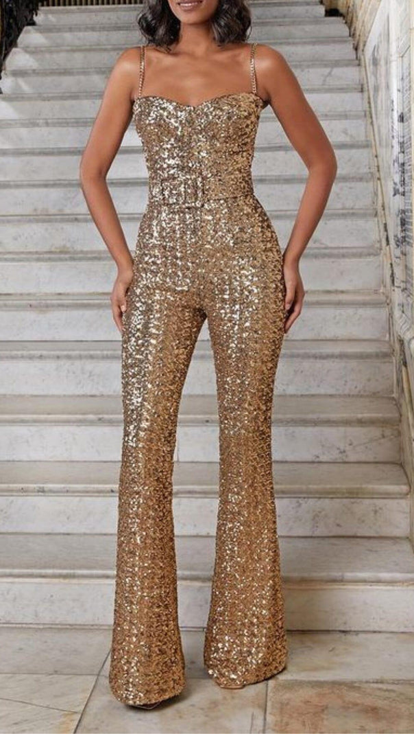 AIIZIE GLITTER STRAPPY JUMPSUIT IN GOLD - product image