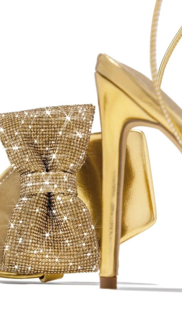 AIIZIE GOLD CROSS-LACE RHINESTONE BOW HEELS - product image