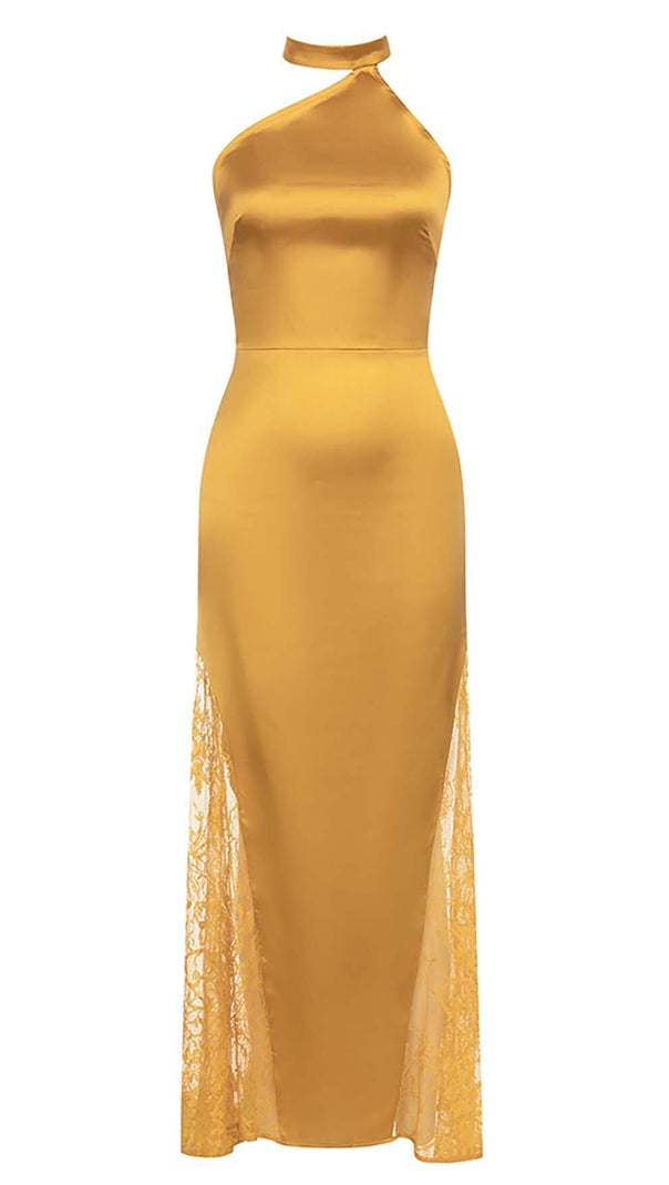 AIIZIE HALTER LACE SATIN MAXI DRESS IN MUSTARD - product image
