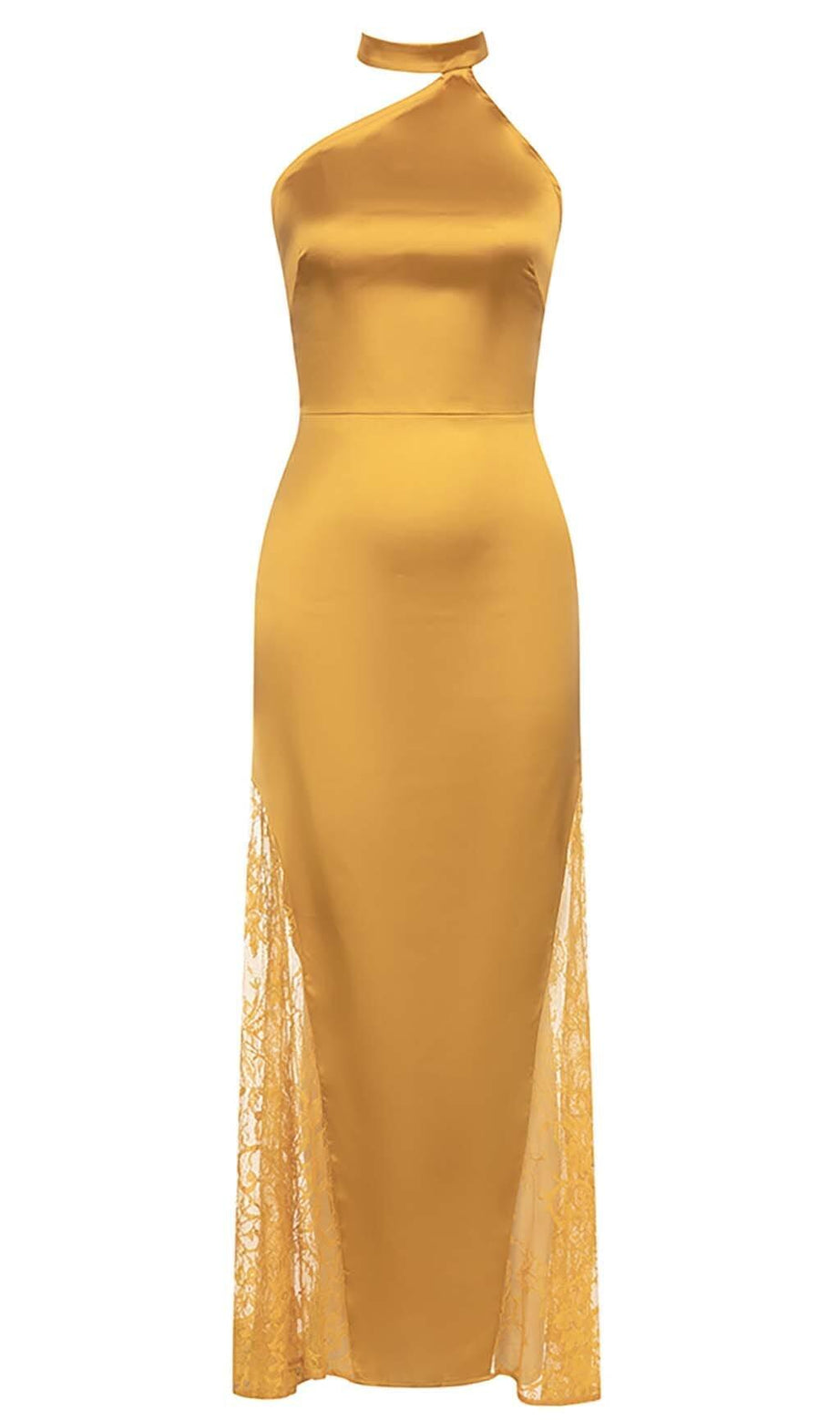 HALTER LACE SATIN MAXI DRESS IN MUSTARD