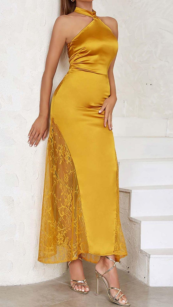 AIIZIE HALTER LACE SATIN MAXI DRESS IN MUSTARD - product image