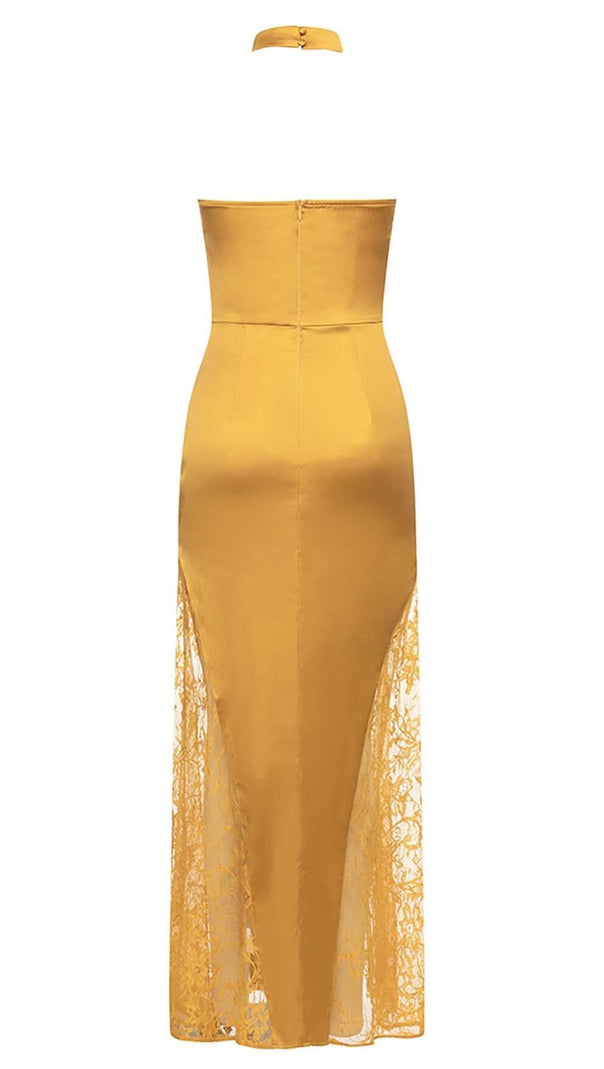 AIIZIE HALTER LACE SATIN MAXI DRESS IN MUSTARD - product image