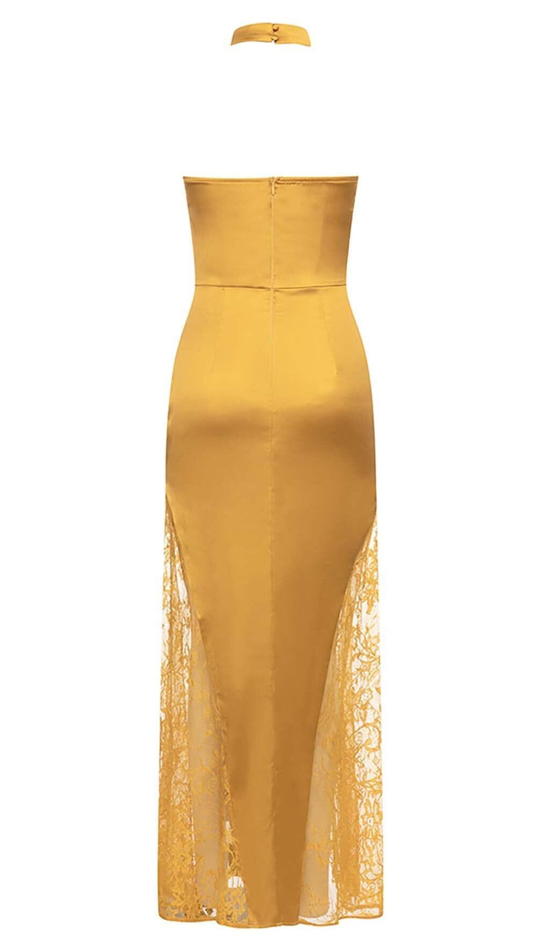 HALTER LACE SATIN MAXI DRESS IN MUSTARD