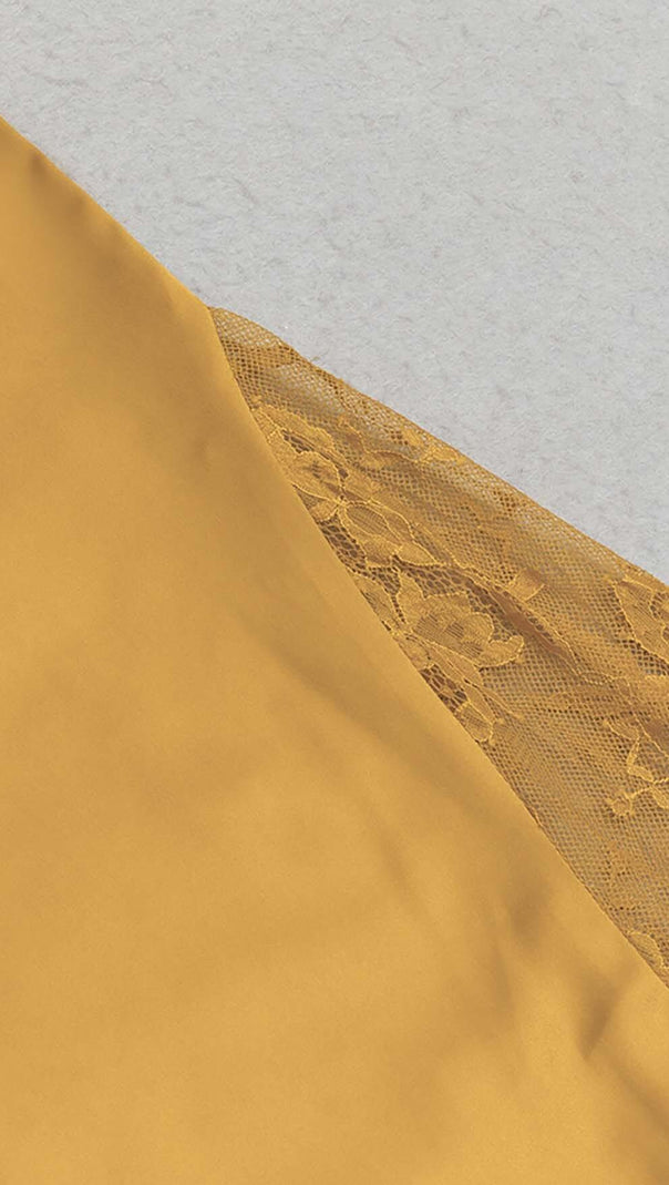 AIIZIE HALTER LACE SATIN MAXI DRESS IN MUSTARD - product image