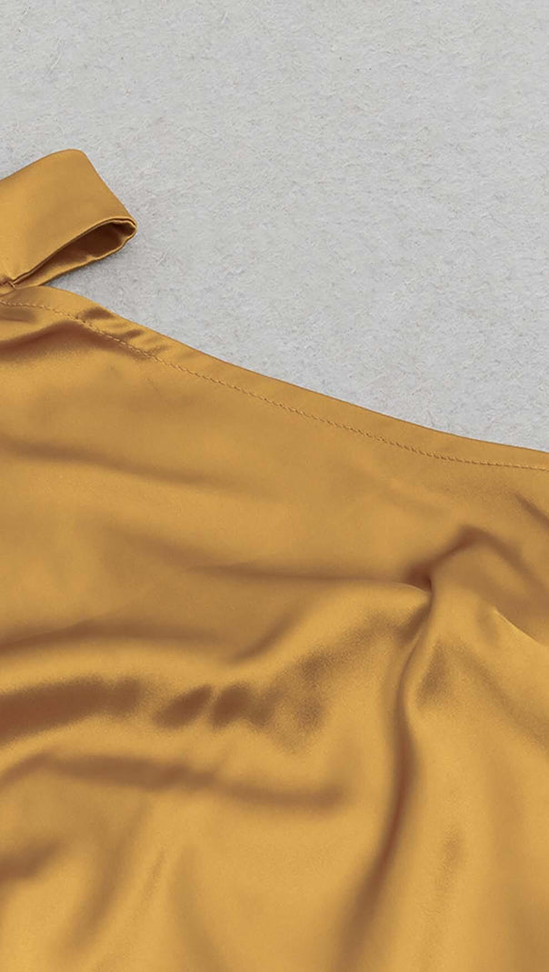 AIIZIE HALTER LACE SATIN MAXI DRESS IN MUSTARD - product image
