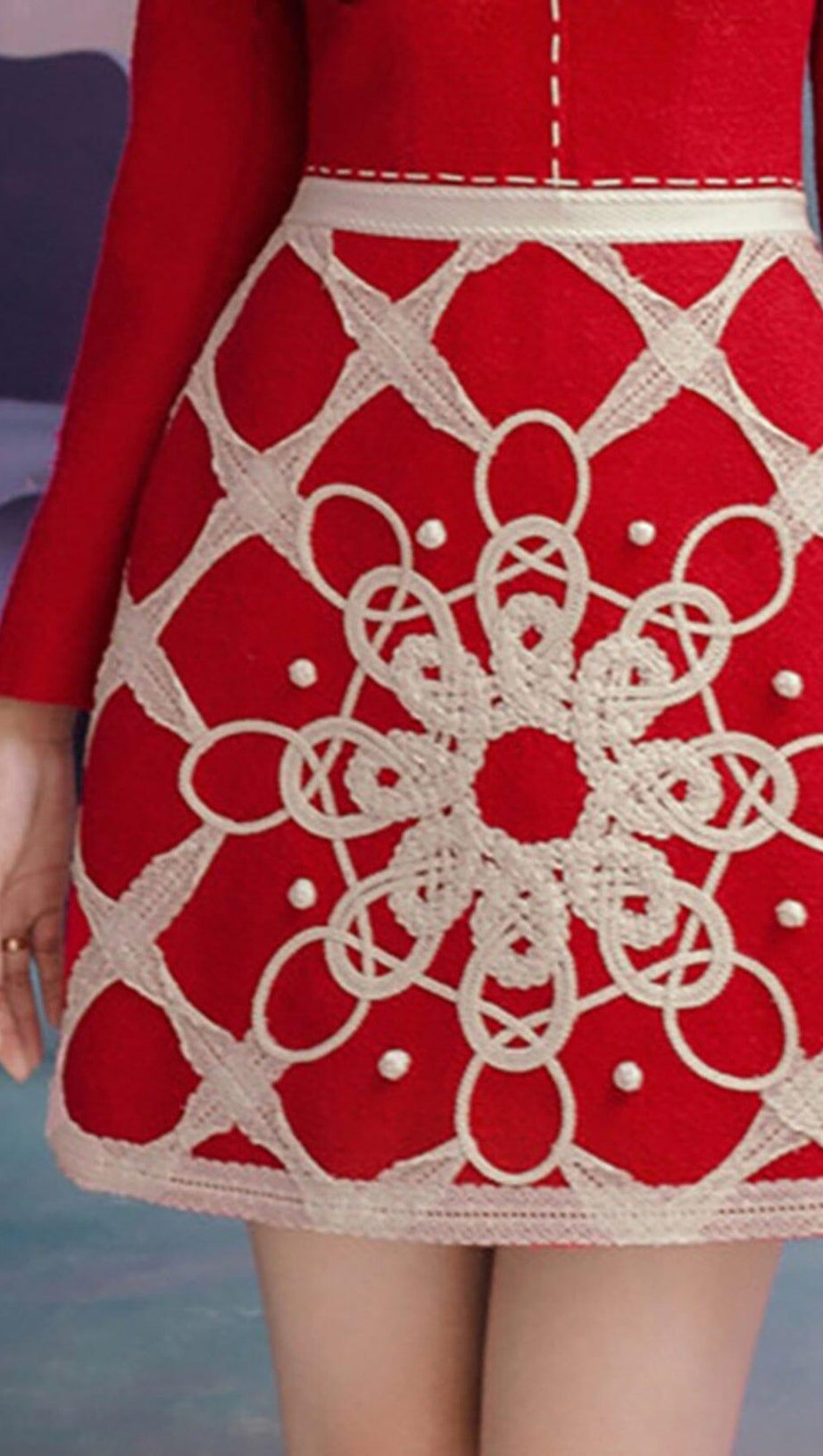 STAND COLLAR LONG SLEEVE HIGH WAIST PATCHWORK EMBROIDERY MINI DRESS