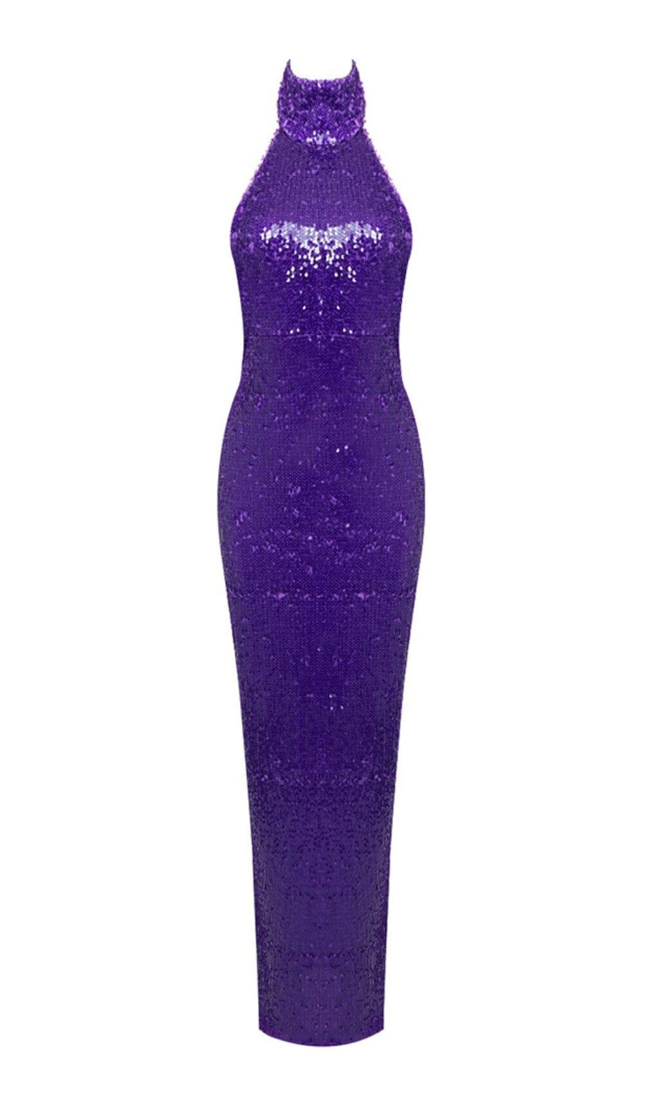 HALTER NECK SEQUIN MIDI DRESS IN PURPLE