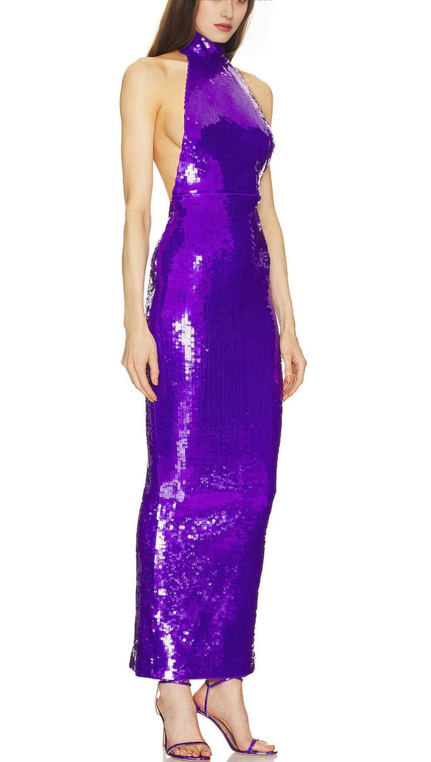 AIIZIE HALTER NECK SEQUIN MIDI DRESS IN PURPLE - product image