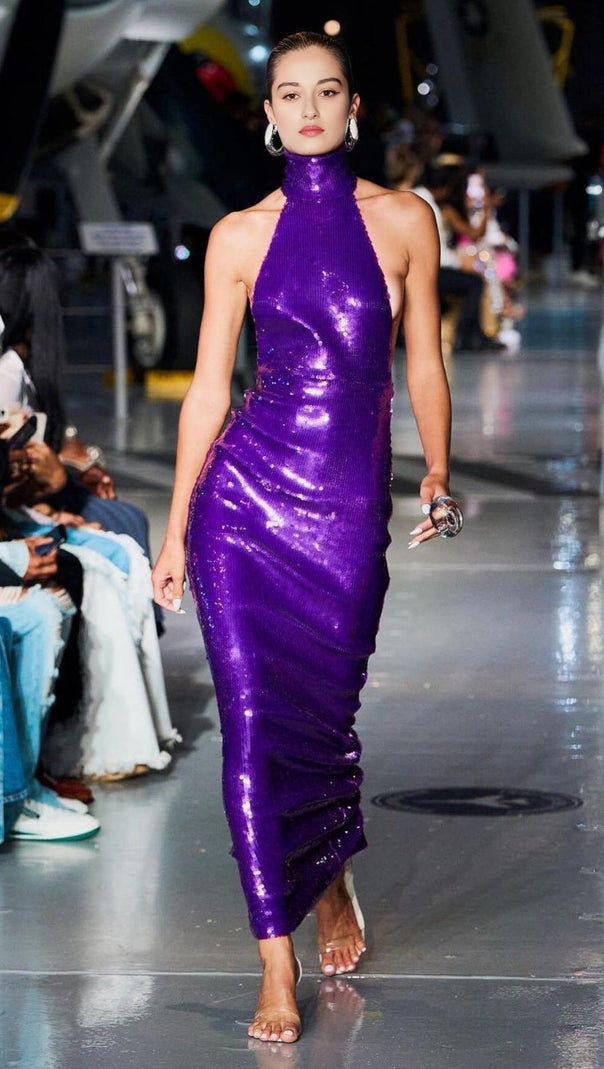 AIIZIE HALTER NECK SEQUIN MIDI DRESS IN PURPLE - product image