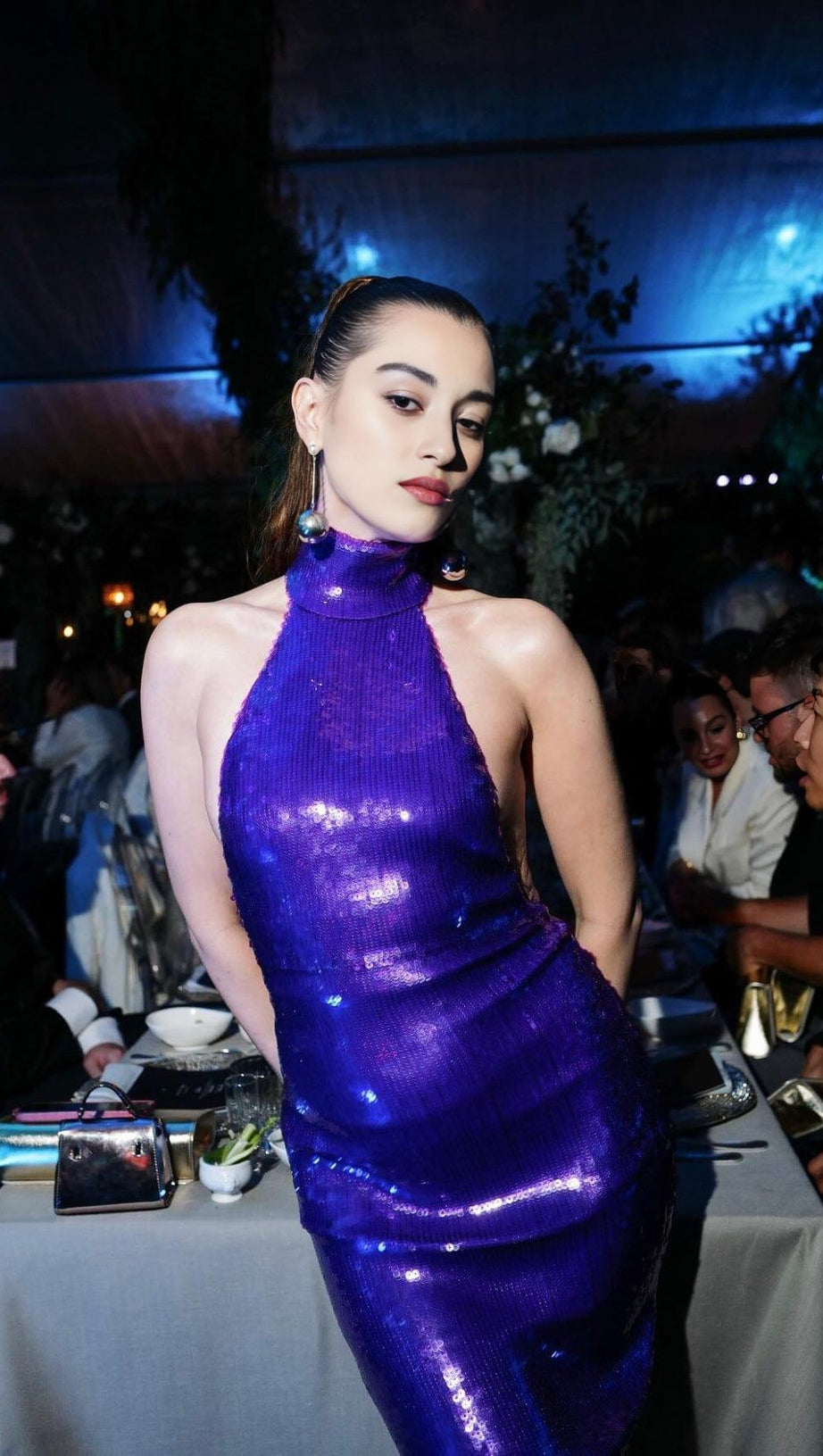 HALTER NECK SEQUIN MIDI DRESS IN PURPLE