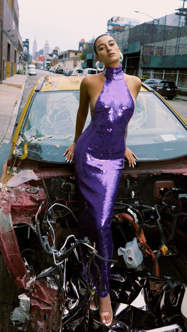 AIIZIE HALTER NECK SEQUIN MIDI DRESS IN PURPLE - product image