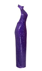 HALTER NECK SEQUIN MIDI DRESS IN PURPLE