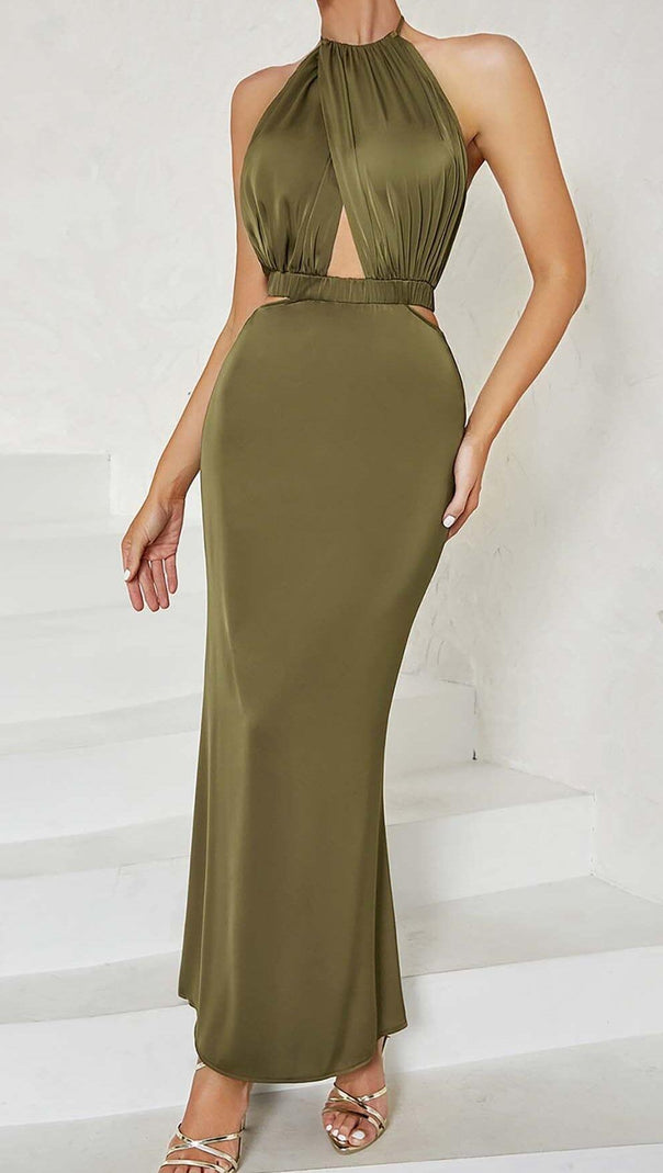 AIIZIE HALTER SATIN MIDI DRESS IN DARK FOREST - product image