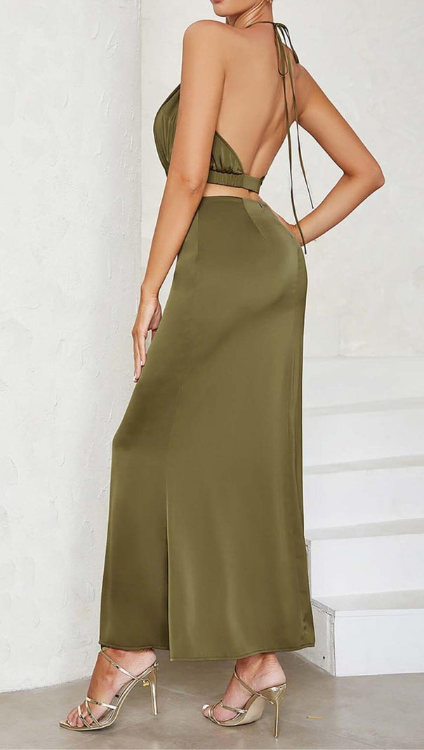 AIIZIE HALTER SATIN MIDI DRESS IN DARK FOREST - product image