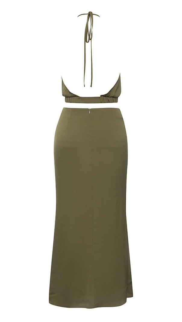 AIIZIE HALTER SATIN MIDI DRESS IN DARK FOREST - product image