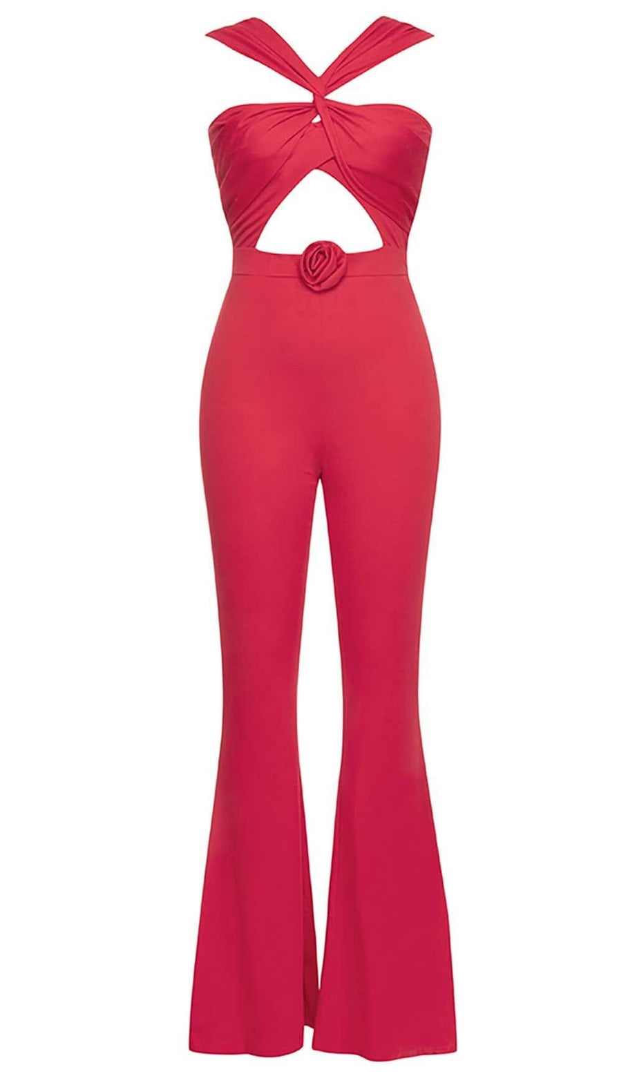 HALTER SLEEVELESS JUMPSUIT IN RED