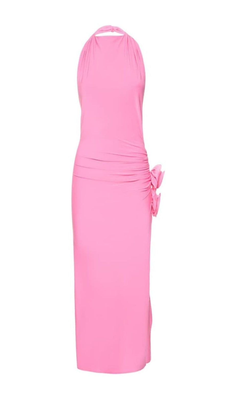 MIDIKLEID AUS STRETCH-JERSEY MIT DRAPIERTEM NECKHOLDER UND APPLIKATIONEN