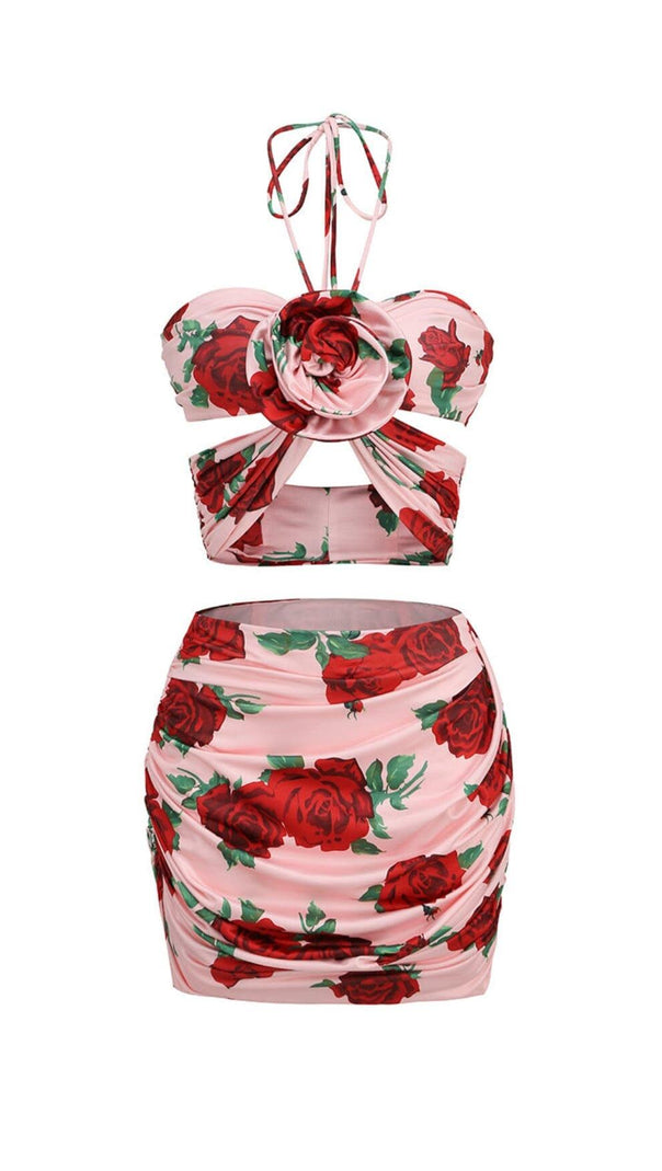 Halterneck Rose Printed Skirt Set