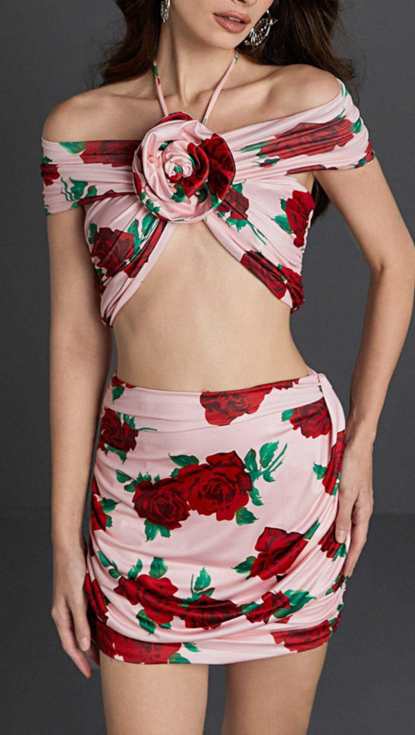 Halterneck Rose Printed Skirt Set