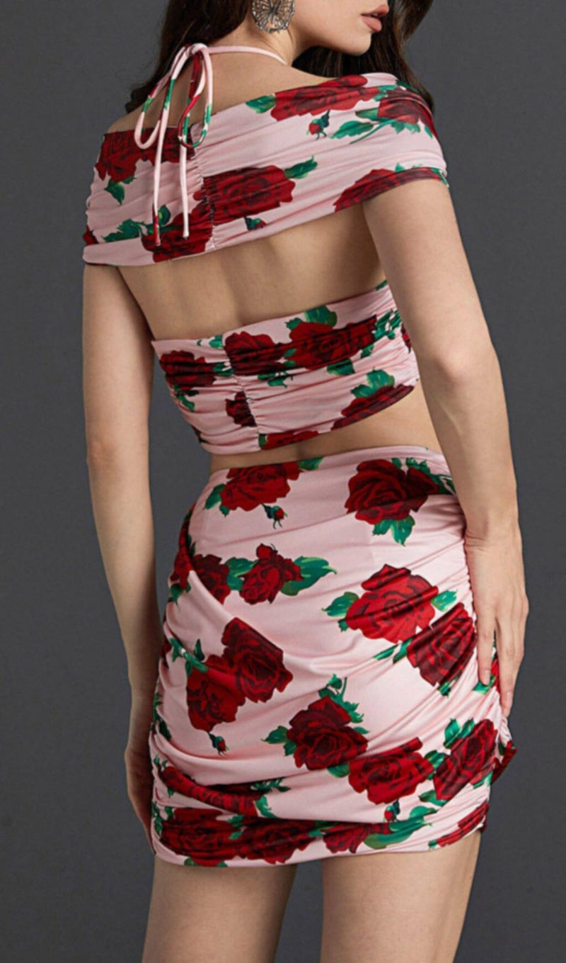 HALTERNECK ROSE PRINTED SKIRT SET