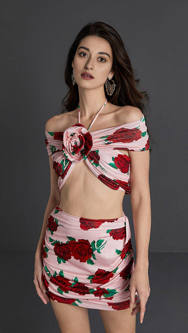 Halterneck Rose Printed Skirt Set