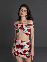 HALTERNECK ROSE PRINTED SKIRT SET