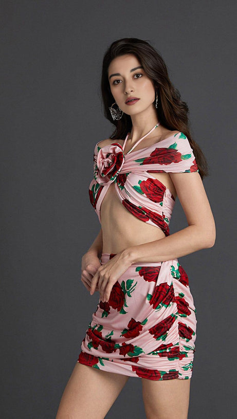 HALTERNECK ROSE PRINTED SKIRT SET
