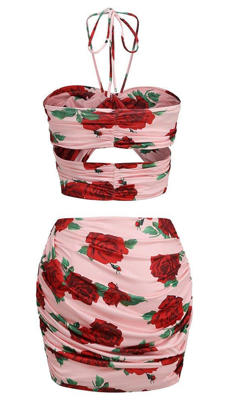 HALTERNECK ROSE PRINTED SKIRT SET