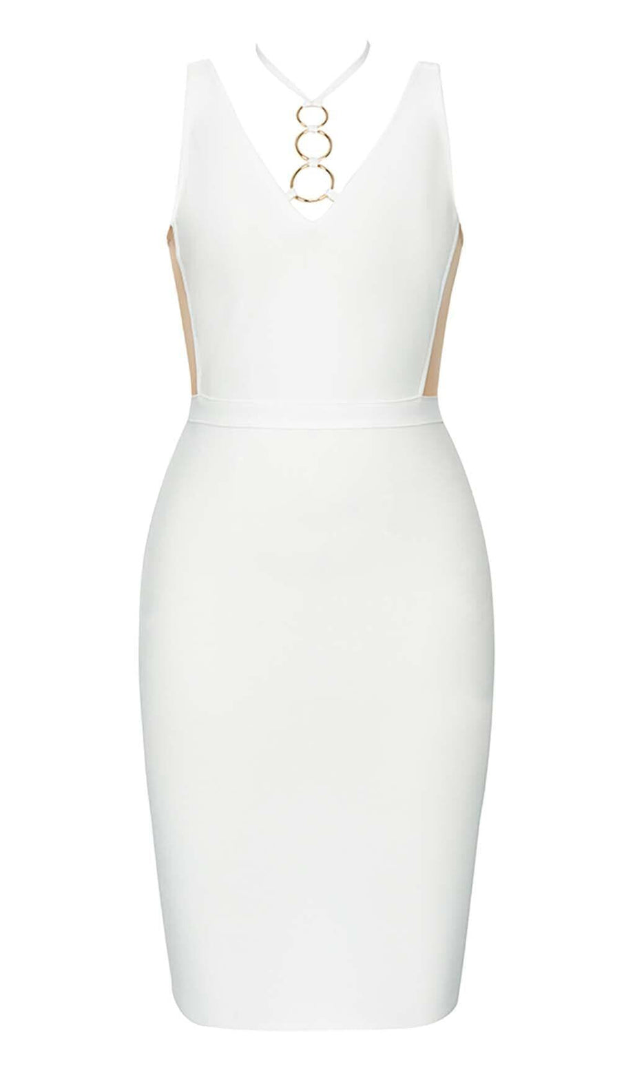 ABITO MIDI BIANCO CON SCOLLO ALTO E DETTAGLIO A CINTURINI